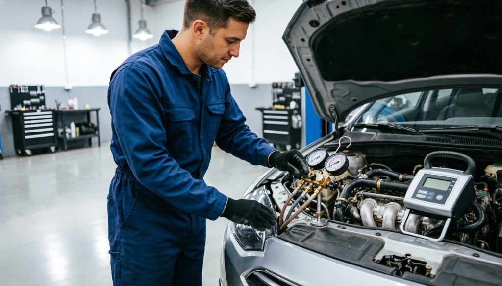 Technician performing A/C diagnostic and leak detection, measuring vent temperature and checking system pressures before recharge.