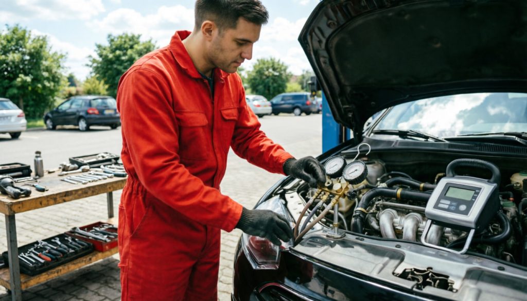 Post-repair A/C system service with vacuum evacuation and recharge by weight performed during a mobile visit.